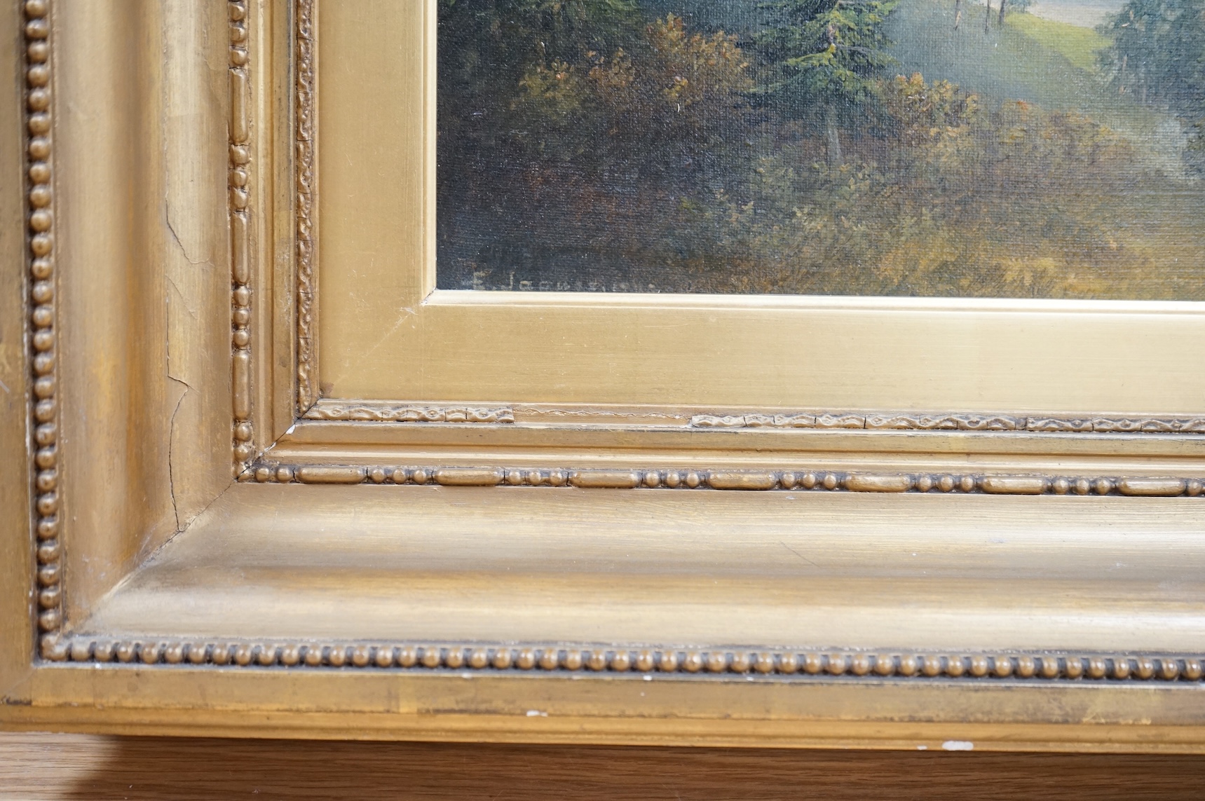 E. Jaques, Mountainous landscape, signed and indistinctly dated 1920?, oil on canvas, 22 x 29cm, gilt frame